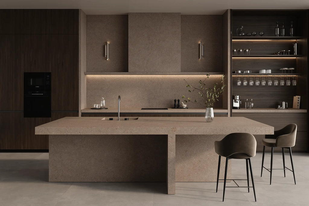 64" x 128" Sara Taupe Non-rectified Matte SHP 12mm Porcelain Slab - factory image 2