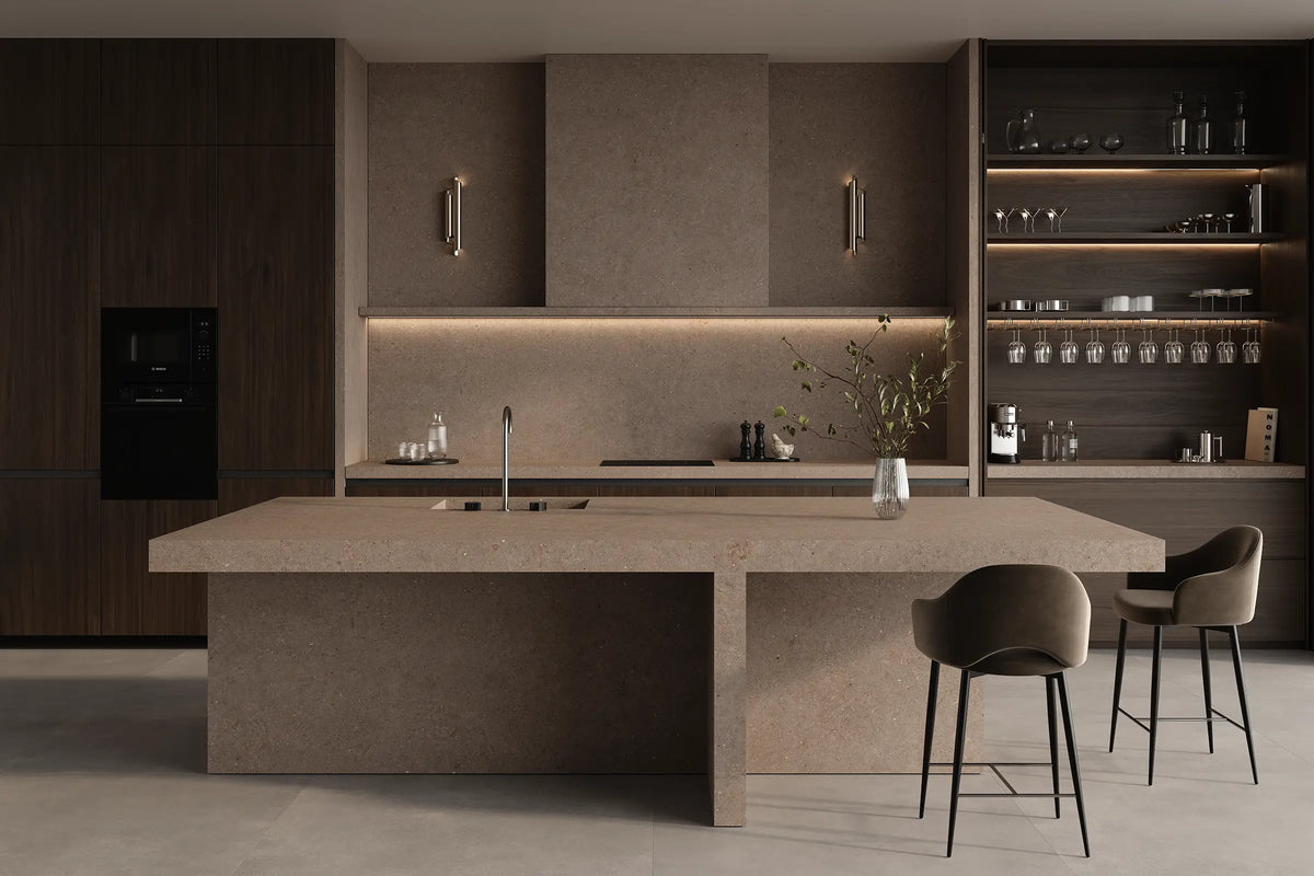 64" x 128" Sara Taupe Non-rectified Matte SHP 12mm Porcelain Slab - factory image 2